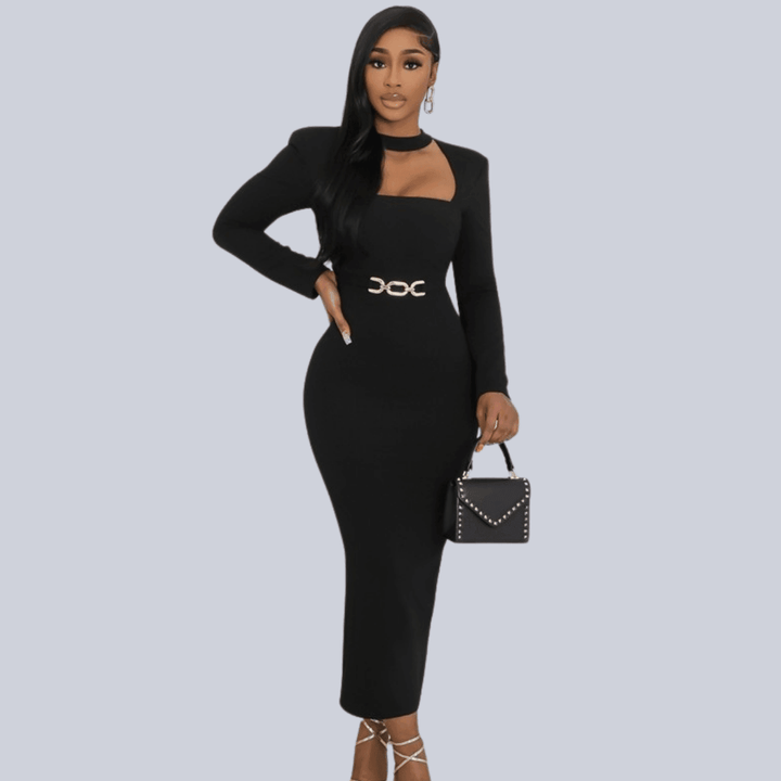 Cassie Long Sleeves Cut Out Stretch Maxi Dress -Black