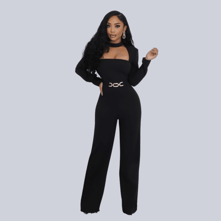 Gabriella Round Neck Long Sleeves Cut Out Zipper Closure Stretch Jumpsuit-Black