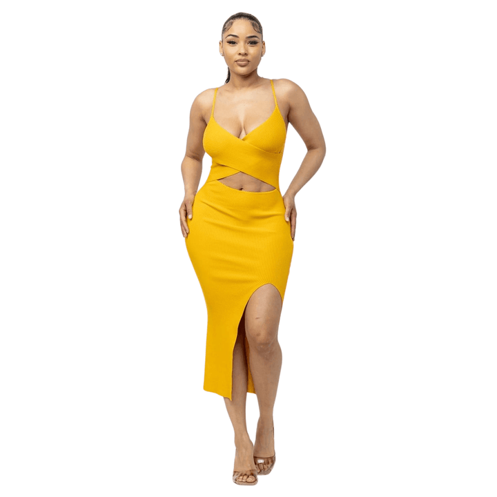 Briana Cross Top Side Slit Midi Dress-Mustard