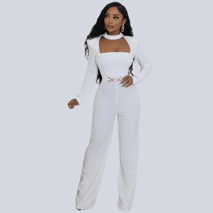 Gabriella Round Neck Long Sleeves Cut Out Zipper Closure Stretch Jumpsuit-Off White