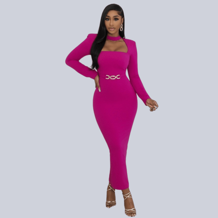 Cassie Long Sleeves Cut Out Stretch Maxi Dress -Magenta