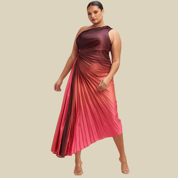 Mikayla Ombre Pleated One Shoulder Maxi Dress-Coral Rust