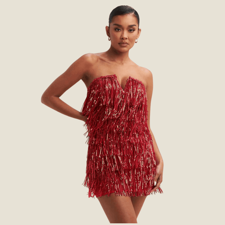 Tiandra Sequin Fringe Mini Dress-Red