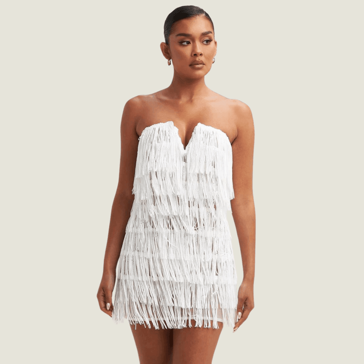 Tiandra Sequin Fringe Mini Dress-White