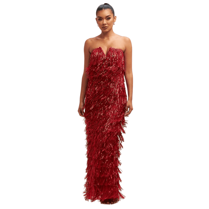 Alyssa Sequin Fringe Elegant Maxi Dress-Red