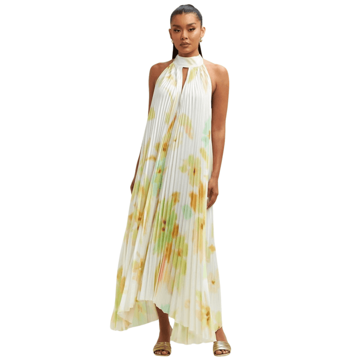 Anabella Open Back Opera Gown Halter Neck Maxi Dress-Lime/White