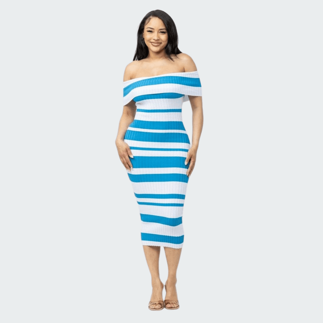 Lydia Off Shoulder Striped Midi Dress-White/Blue