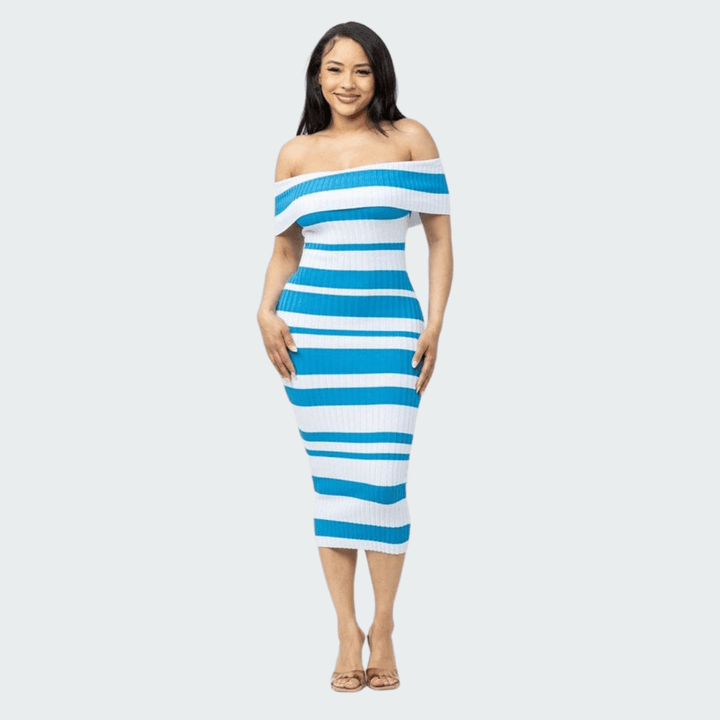 Lydia Off Shoulder Striped Midi Dress-White/Blue