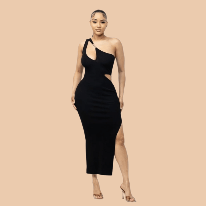 Alice One Shoulder Side Slit Maxi Dress-Black