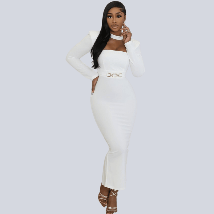 Cassie Long Sleeves Cut Out Stretch Maxi Dress -Off White