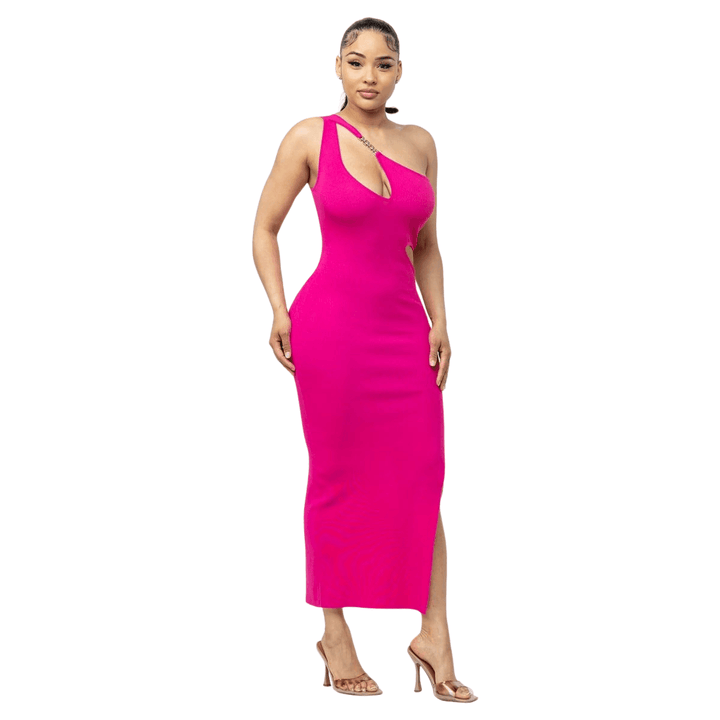 Alice One Shoulder Side Slit Maxi Dress-Fuchsia