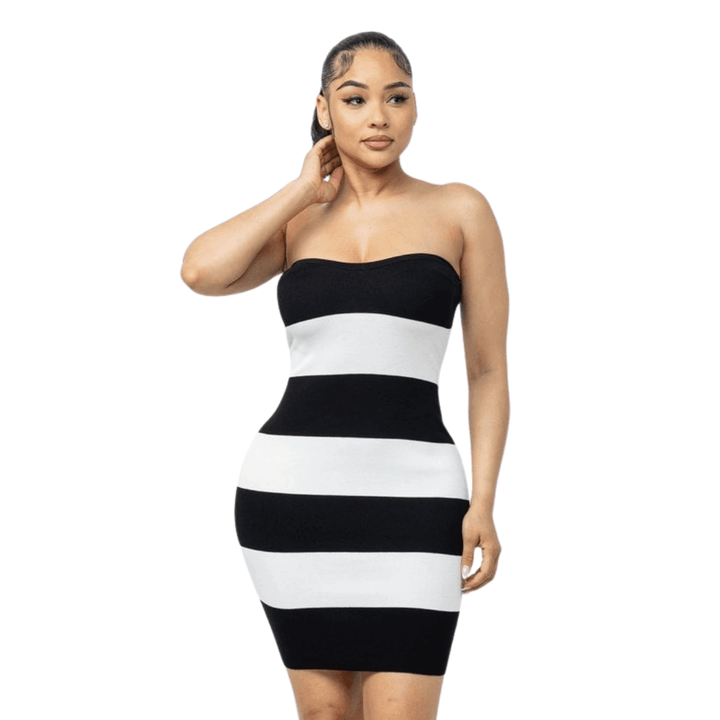 Karla Striped Tube Mini Dress-Ivory/Black