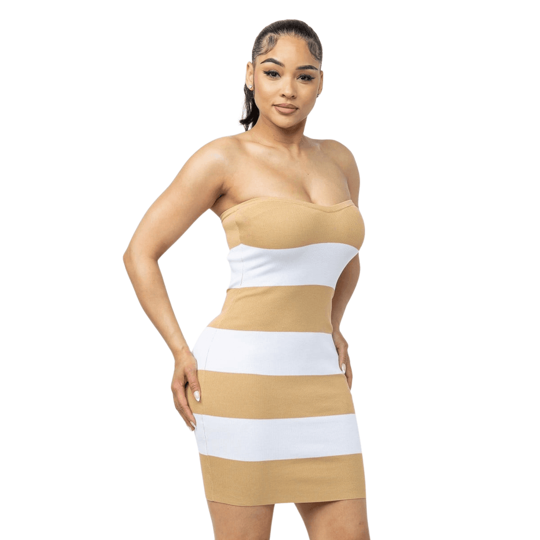 Karla Striped Tube Mini Dress-Taupe/White