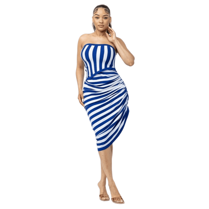 Fabiola Striped Side Rushed Tube Mini Dress-Royal/White
