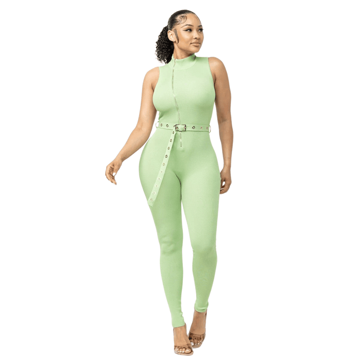 Tiandra Sleeveless Zipper Top Belted Jumpsuit-Green Ash