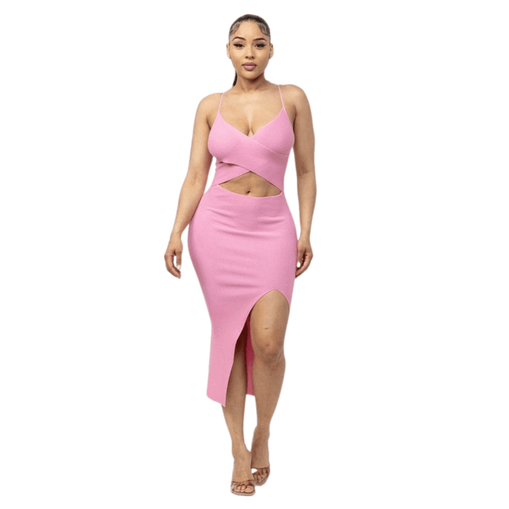 Briana Cross Top Side Slit Midi Dress-Pink