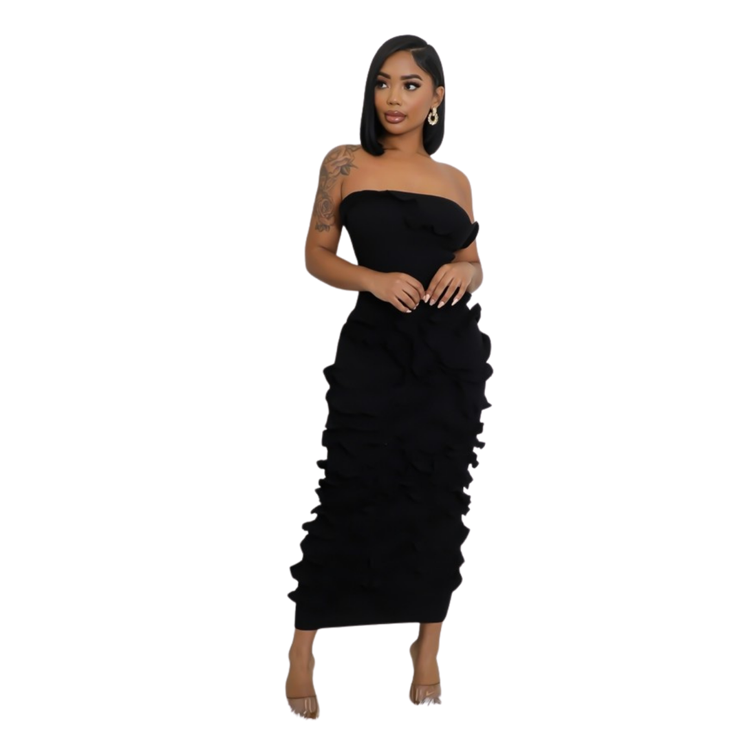 Elegant Tube Knitted Texture Stretch Maxi Dress-Black