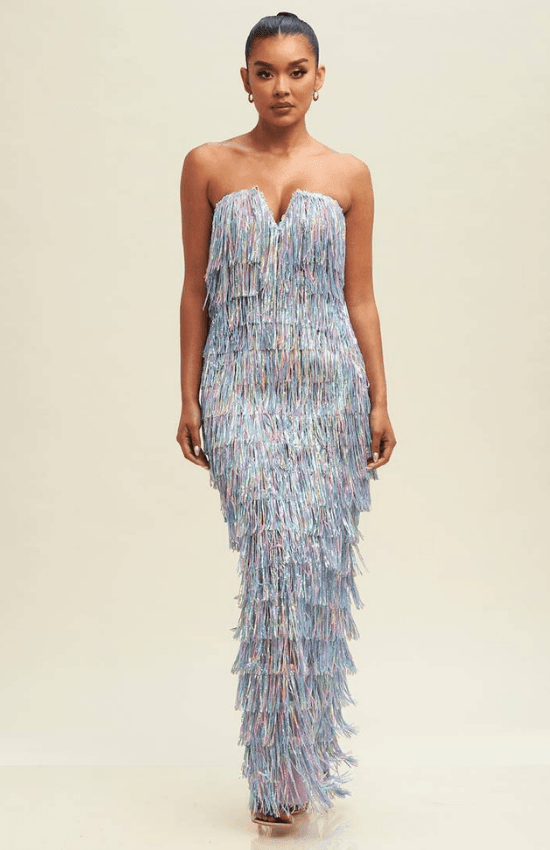 Alyssa Sequin Fringe Elegant Maxi Dress-White