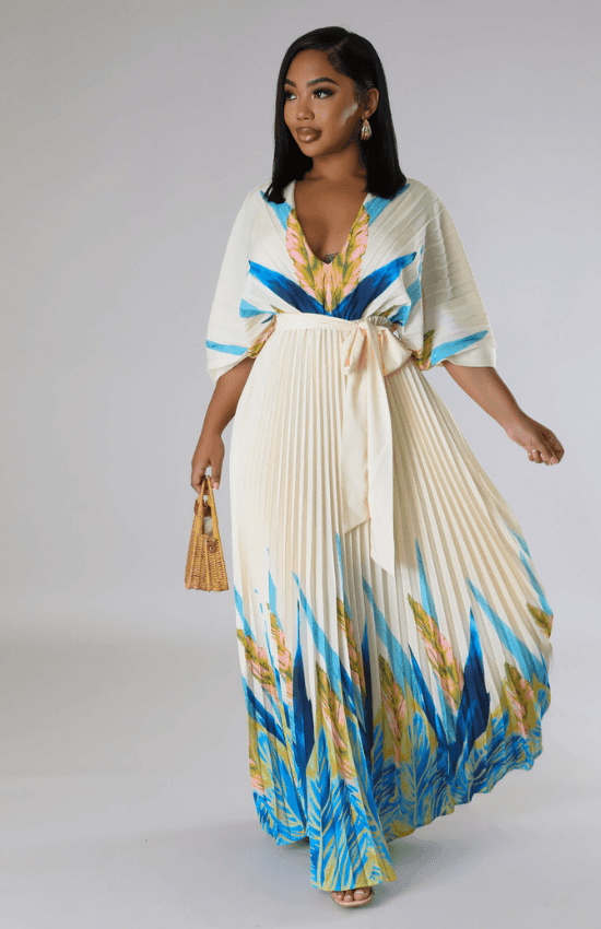Malisia Pleated Self Tie Waist Floral Maxi Dress-Cream