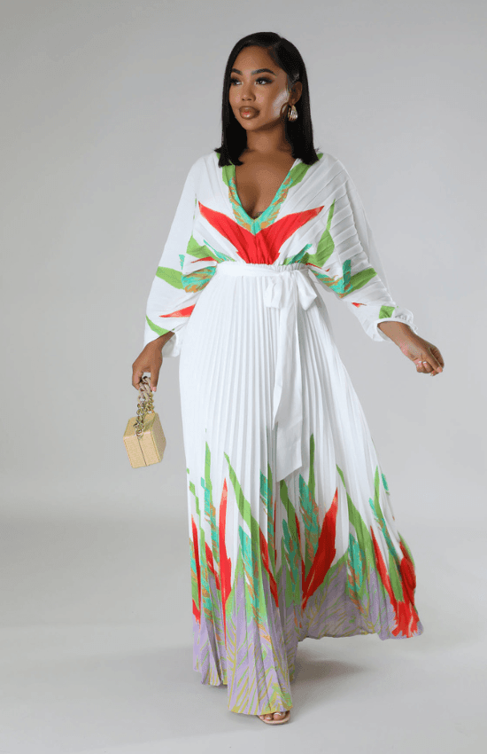 Malisia Pleated Self Tie Waist Floral Maxi Dress-White