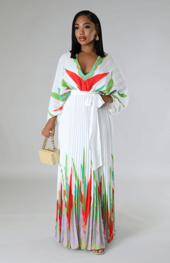 Malisia Pleated Self Tie Waist Floral Maxi Dress-White
