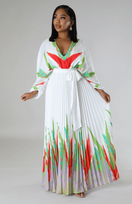 Malisia Pleated Self Tie Waist Floral Maxi Dress-White