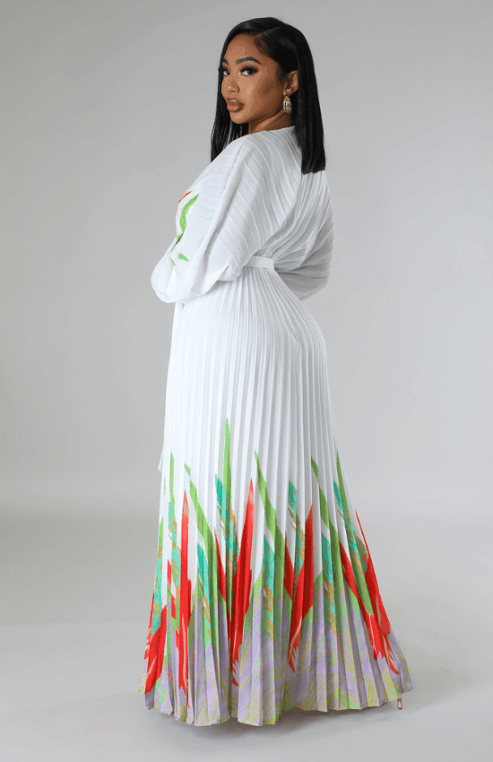 Malisia Pleated Self Tie Waist Floral Maxi Dress-White