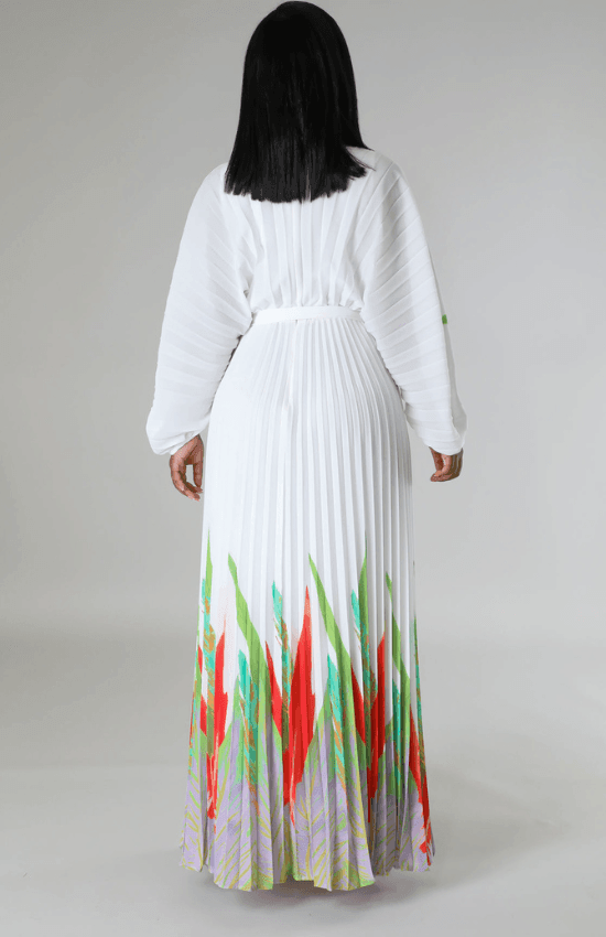 Malisia Pleated Self Tie Waist Floral Maxi Dress-White
