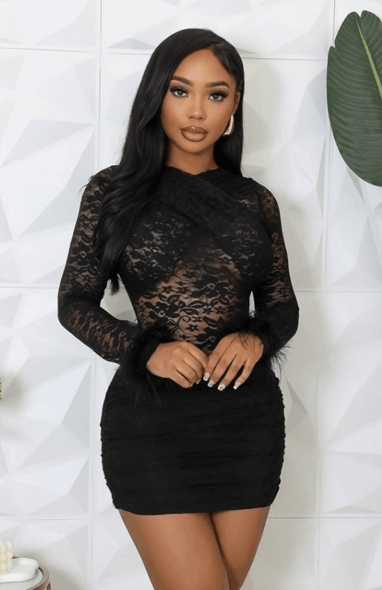Jina Stretch Around Neck Long Sleeve Feather Elegant Mini Dress-Black
