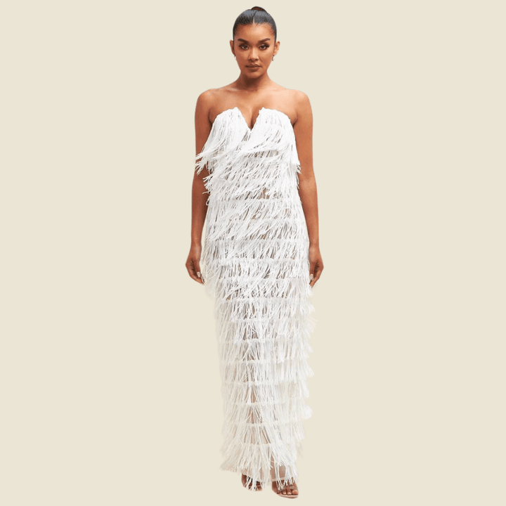 Alyssa Sequin Fringe Elegant Maxi Dress-White