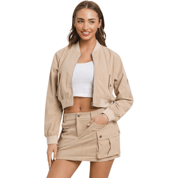 Emily Corduroy Front Zipper Jacket with Mini Cargo Skirt-Taupe