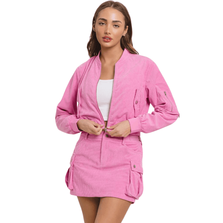 Emily Corduroy Front Zipper Jacket with Mini Cargo Skirt-Pink