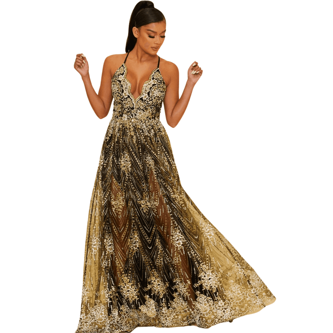 Briana Florals Sleeveless Glitter Maxi Dress-Black