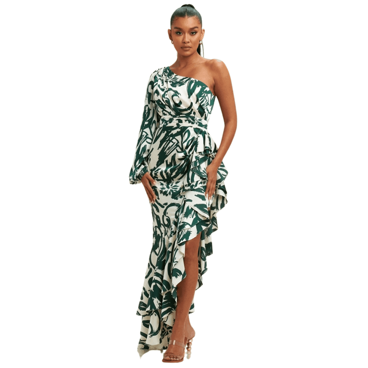 Alyssa One Shoulder Drape Long sleeves maxi Dress-Ivory/Hunter Green