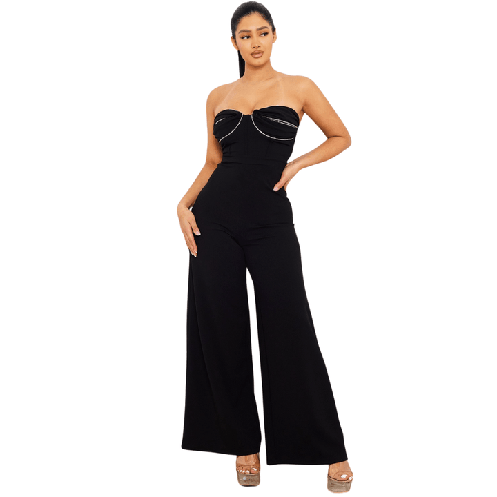 Betty Rhinestone Chain on Bust Sleeveless Jumpsuit- Black