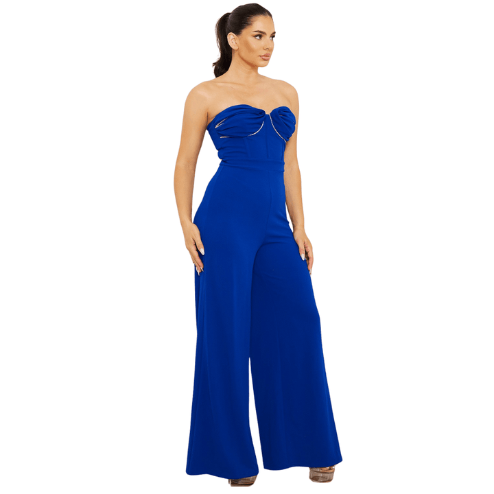 Betty Rhinestone Chain on Bust Sleeveless Jumpsuit- Royal Blue