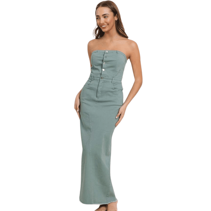 Betty Stretch Front Buttons Tube Maxi Dress-Sage