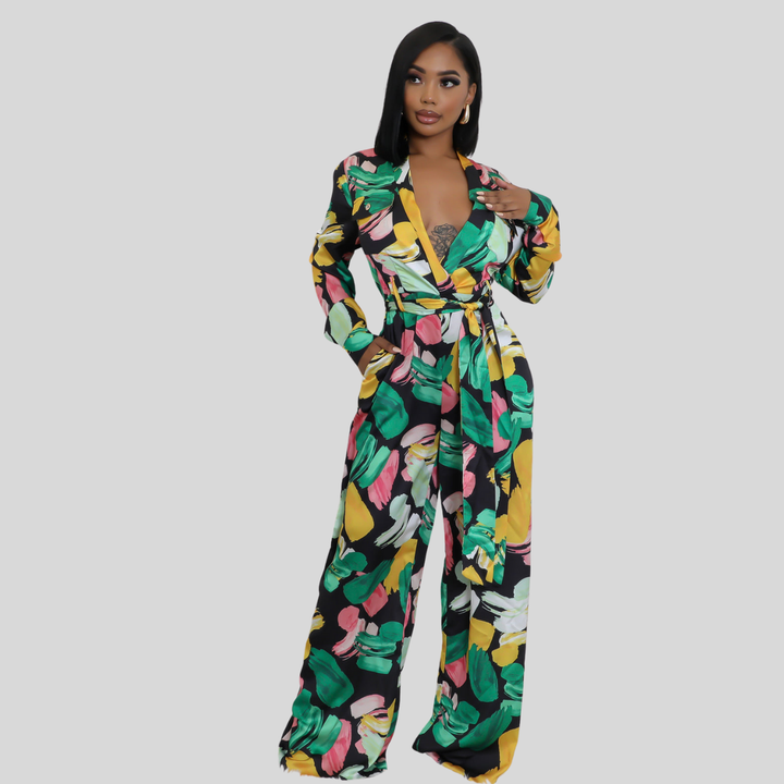 Linna Floral Non-Stretch V-Neck Long Sleeves Pocket Wide-Leg Jumpsuit