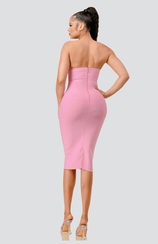 Erlina Sequin Line Details Elegant Fashion Midi Dress-Pink