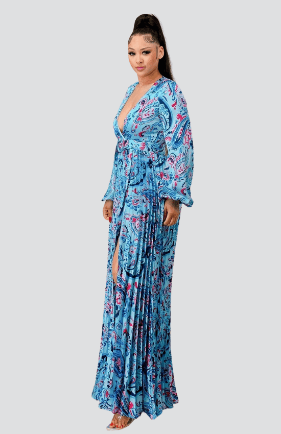 Laura Floral Print Pleated Maxi Dress-Blue