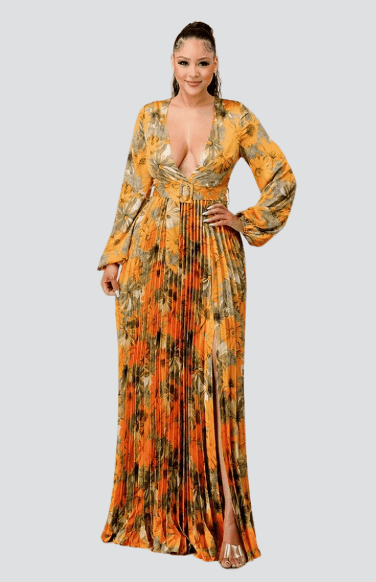 Laura floral Print Pleated Maxi Dress-Orange
