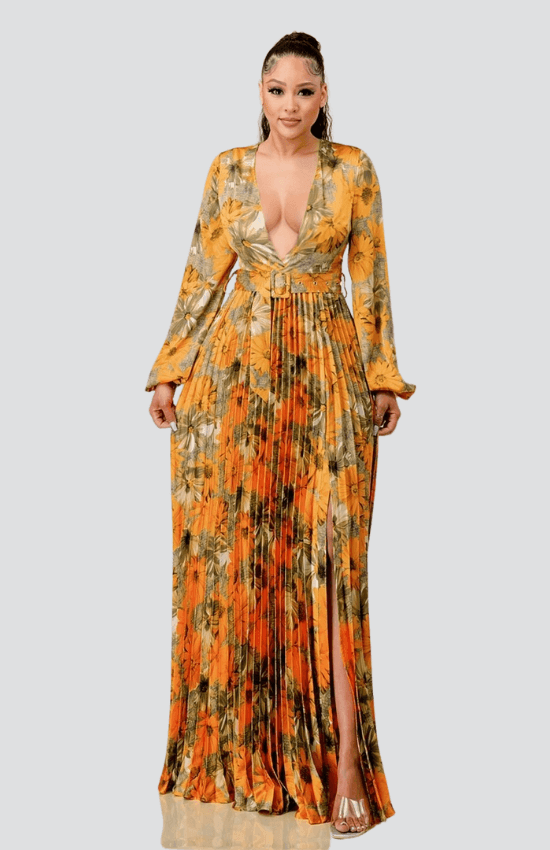 Laura floral Print Pleated Maxi Dress-Orange