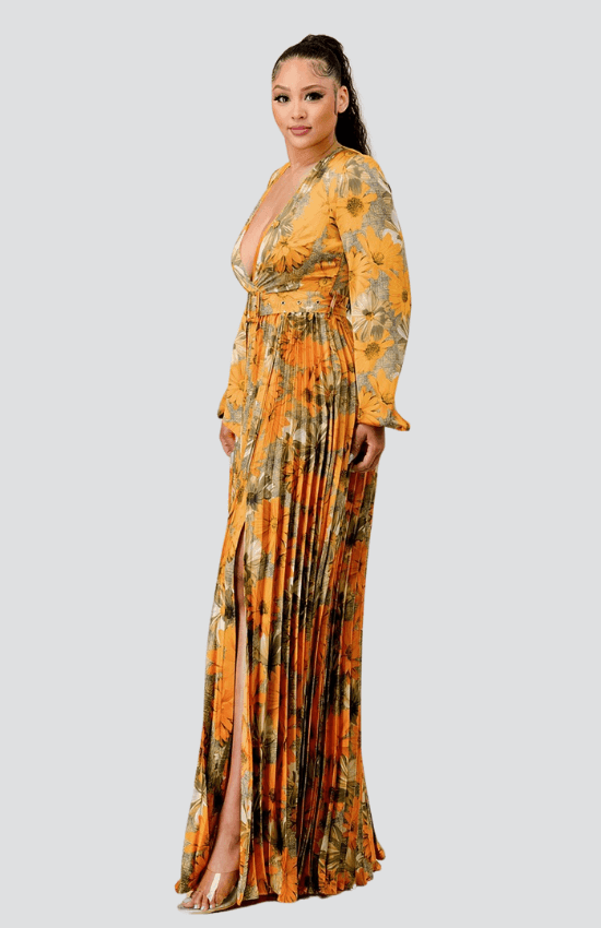 Laura floral Print Pleated Maxi Dress-Orange