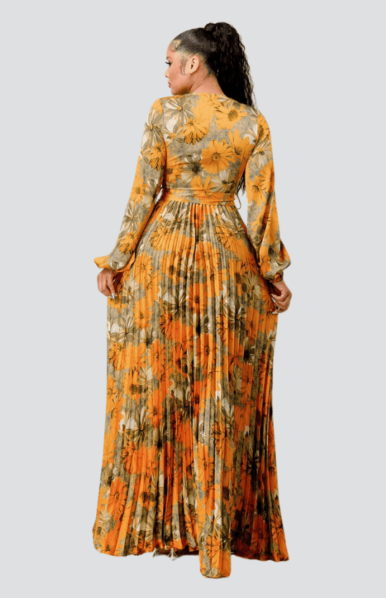 Laura floral Print Pleated Maxi Dress-Orange