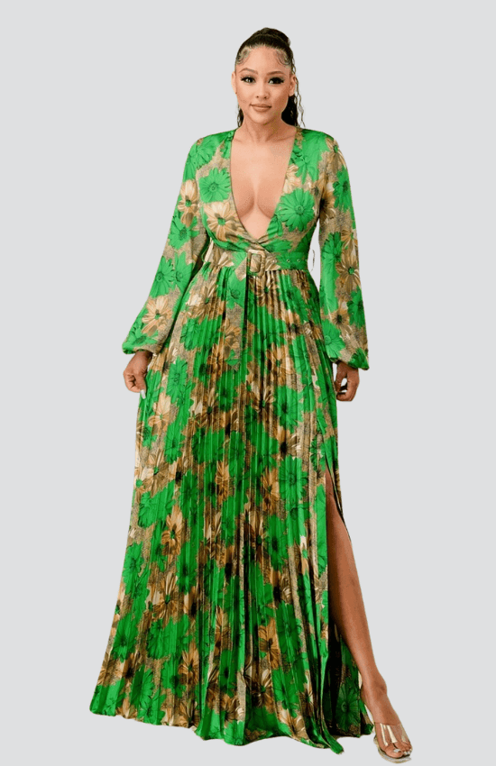 Laura floral Print Pleated Maxi Dress-Orange