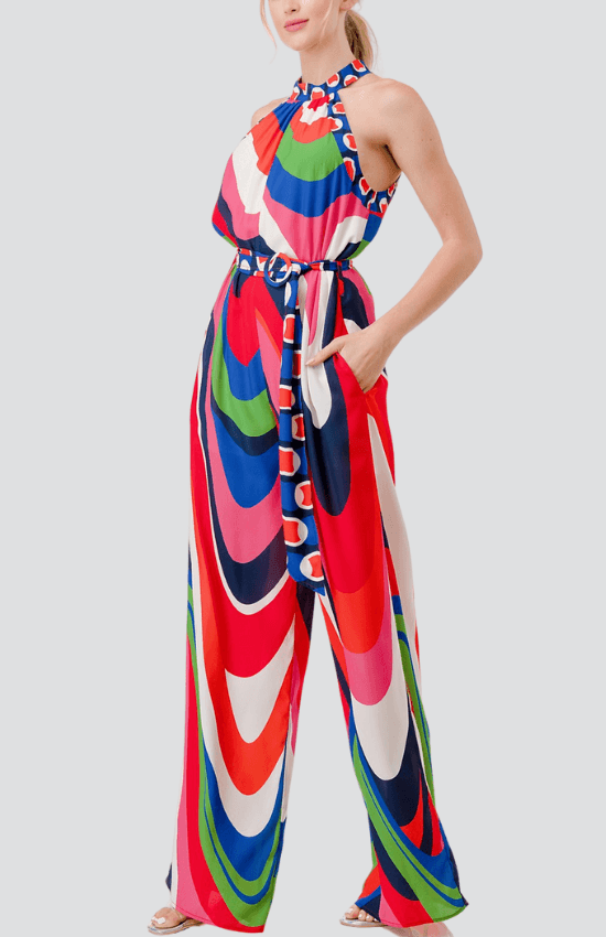 Clarissa Halter Neck Wide Led Jumpsuit-Red Combo