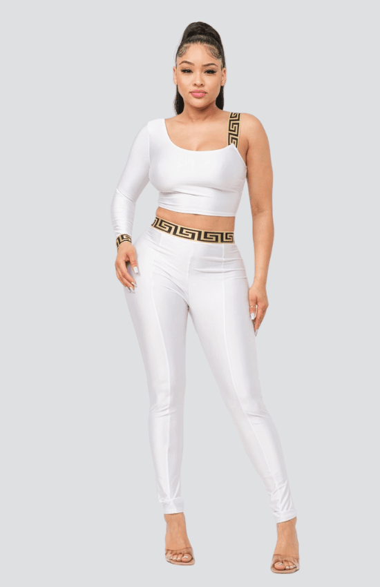 Sanny One Shoulder Band Trim Top and Leggins Set-White