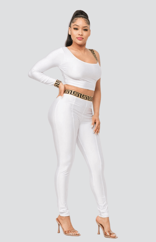 Sanny One Shoulder Band Trim Top and Leggins Set-White