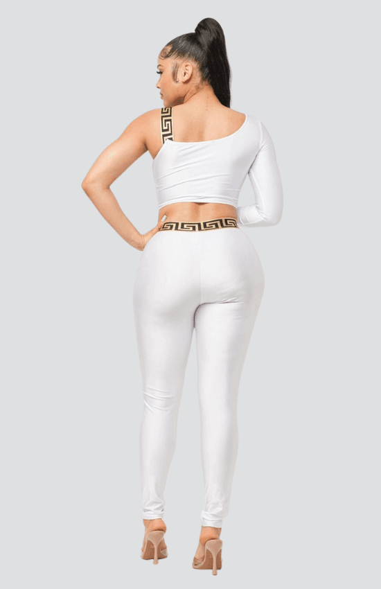 Sanny One Shoulder Band Trim Top and Leggins Set-White