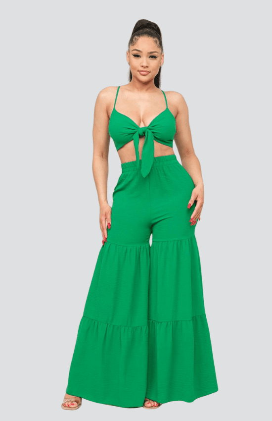 Junie Open Front Tie Top and Wide Flare Pants Set-Green